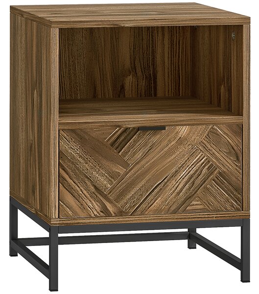 HOMCOM Bedside Table with Drawer and Shelf, Side End Table with Steel Legs for Living Room, Bedroom, Brown Wood Effect