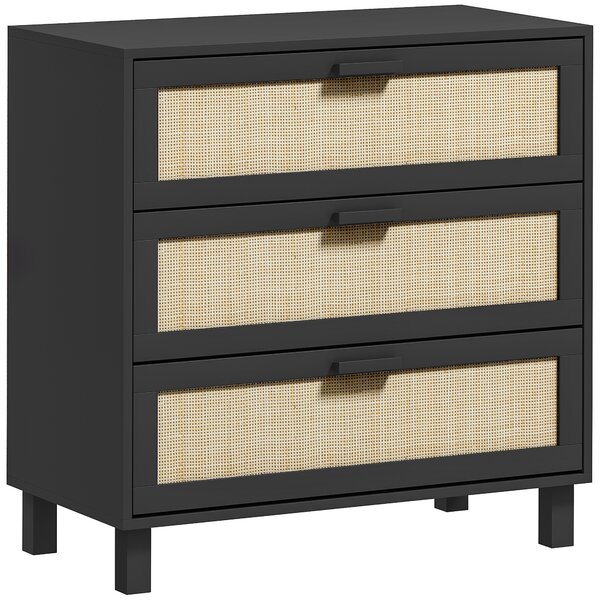 HOMCOM Rattan Bedroom Chest of Drawers, 3 Drawers Storage Unit, Boho Dresser for Living Room, Hallway, Black