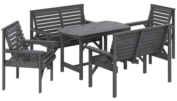 Outsunny 5 Piece Wooden Garden Dining Set for 6, Outdoor Conversation Set with 2 Armchairs, 2 Loveseats and Dining Table with Umbrella Hole for Patio, Balcony, Grey