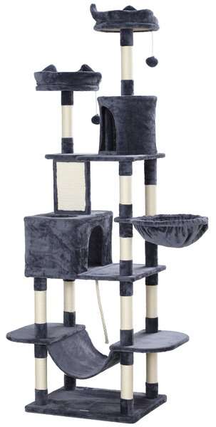 PawHut 206cm Cat Tree, Multi-Level Cat Tower with Scratching Posts and Board, Beds, Condos, Platforms, Toy Balls, Dark Grey