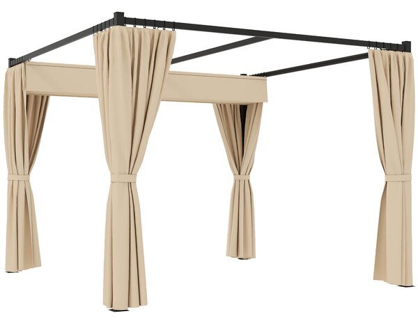 Outsunny 3 x 3(m) Retractable Pergola, Garden Gazebo Shelter with Curtains, for Grill, Patio, Deck, Beige