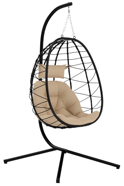 Outsunny Hanging Egg Chair Garden Swing Chair with Basket, Cushion, Garden Hanging Chair with Stand, Headrest for Patio, Balcony, Khaki