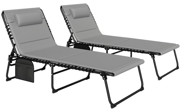 Outsunny Folding Sun Loungers Set of 2, Recliner Garden Chairs with Quick Drying Pad Headrest Side Pocket for Beach Pool, Light Grey