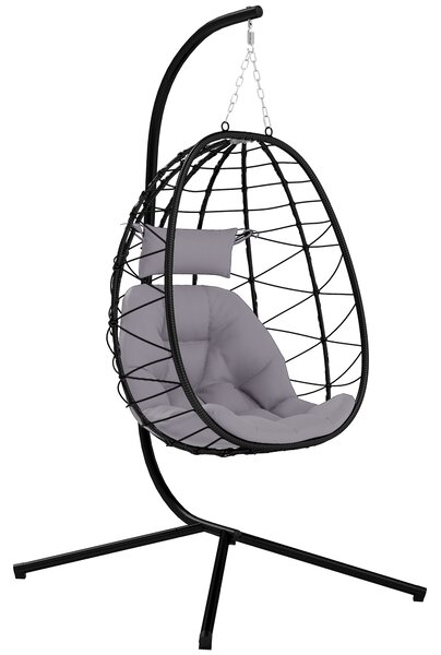 Outsunny Hanging Egg Chair Outdoor Indoor Garden Swing Chair with Folding Basket, Thickened Cushion, Stand, Headrest for Patio, Balcony, Grey