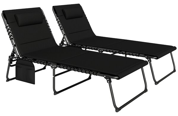 Outsunny Folding Sun Loungers Set of 2, Recliner Garden Chairs with Quick Drying Pad Headrest Side Pocket, Garden Sun Loungers for Beach Pool, Black