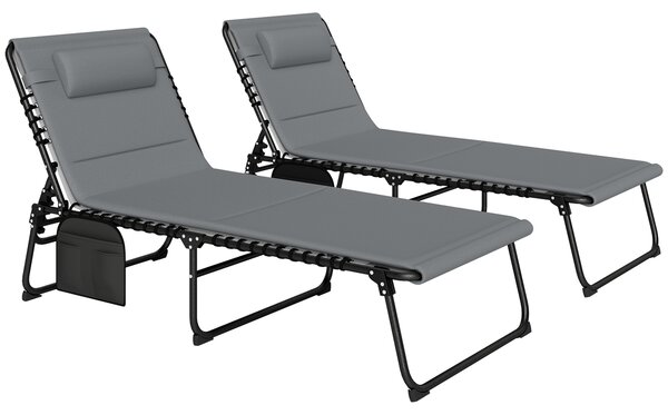 Outsunny Folding Sun Loungers Set of 2, Recliner Garden Chairs with Quick Drying Pad Headrest Side Pocket for Beach Pool, Charcoal Grey