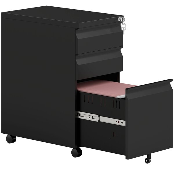 Vinsetto 3-Drawer Steel Filing Cabinet with Lock and Wheels - Black