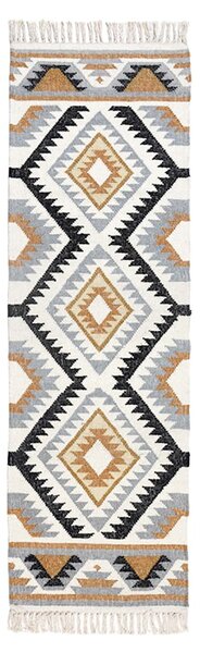 Agra Handwoven Ochre Gold, Silver Grey and Black Diamond Pattern Kilim Wool Hall Runner, 66 x 200 cm