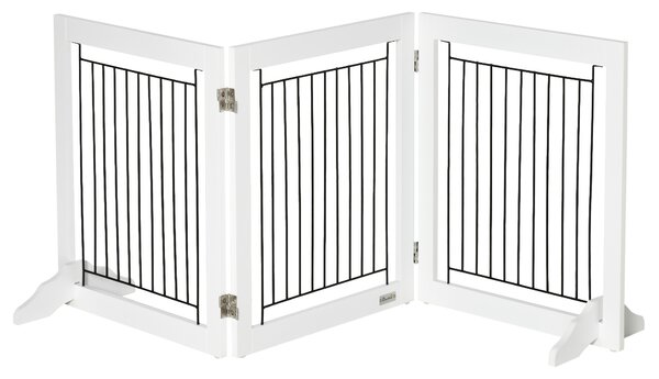 PawHut Dog Gate, Freestanding Pet Gate, Wooden Puppy Fence Foldable Design w/ 61 cm Height 3 Panels, 2 Support Feet, Doorway Stairs White Aosom UK