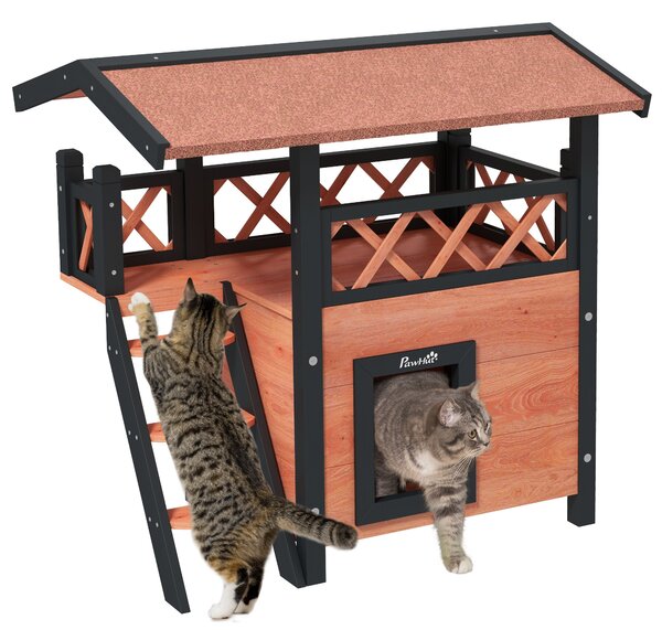 PawHut Cat House Outdoor w/ Balcony Stairs Roof, 77 x 50 x 73 cm, Brown Aosom UK