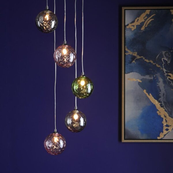 Dar Lighting Federico 5 Light Cluster Ceiling Pendant Light In Polished Chrome With Mixed Coloured Glass FED0550-MIX