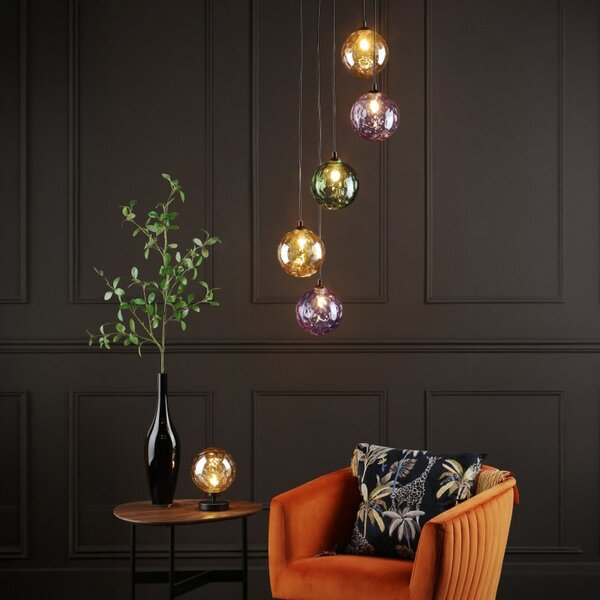 Dar Lighting Federico 5 Light Cluster Ceiling Pendant Light In Matt Black With Mixed Coloured Glass FED0522-MIX