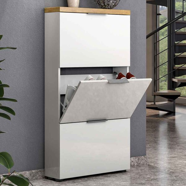 Inverness High Gloss Shoe Cabinet With 3 Flaps And Oak Top In White