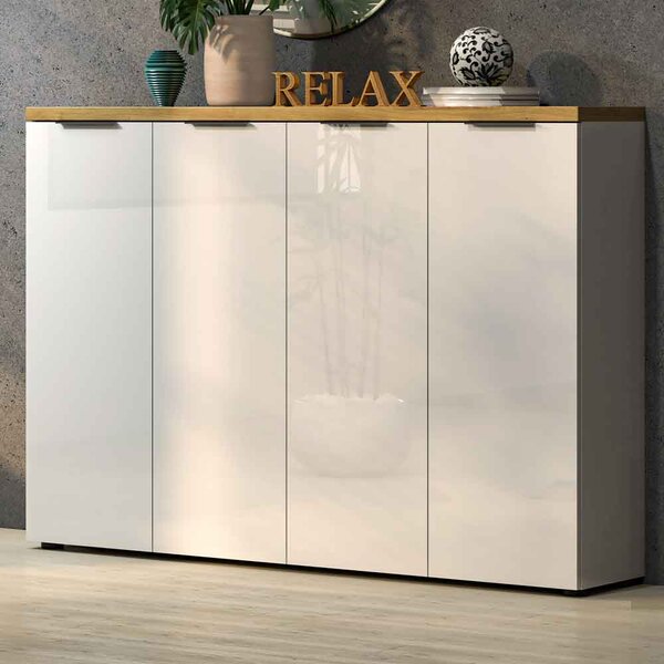 Inverness High Gloss Shoe Cabinet With 4 Doors And Oak Top In White
