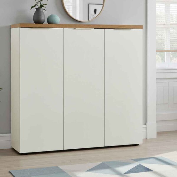Inverness High Gloss Shoe Cabinet With 3 Doors And Oak Top In White