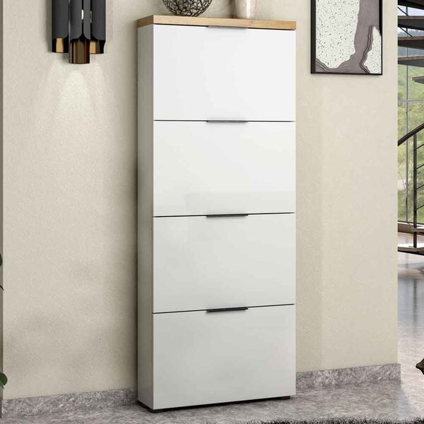 Inverness High Gloss Shoe Cabinet With 4 Flaps And Oak Top In White