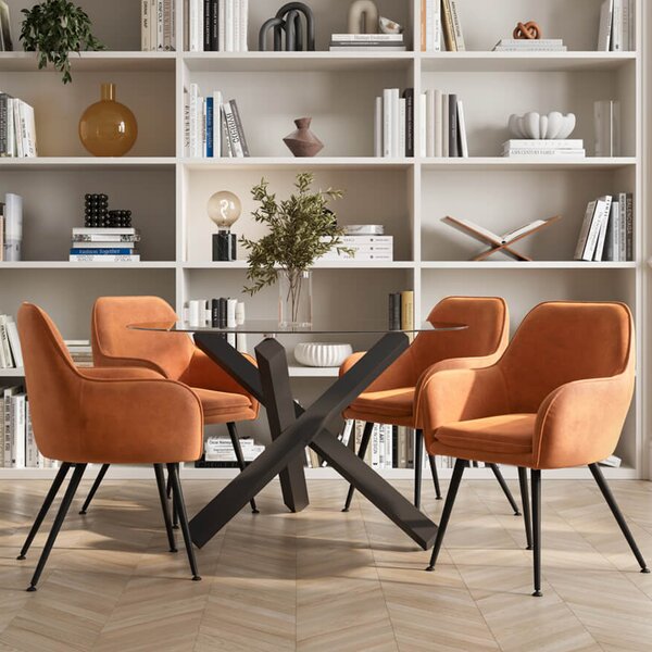 Cupric Clear Glass Top Dining Table With Tampere 4 Burnt Rust Chairs