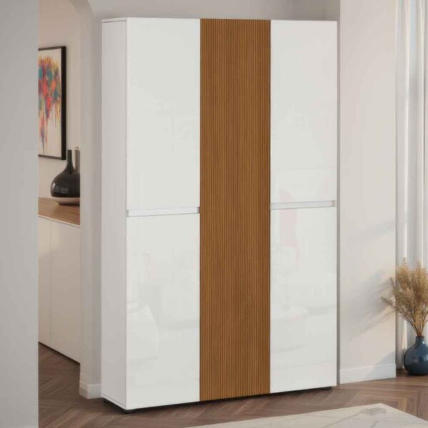 Inverness High Gloss Tall Shoe Cabinet With 5 Doors In White And Oak