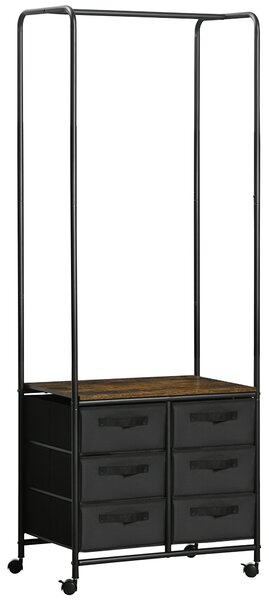 HOMCOM Industrial Hanging Clothes Rail, Clothes Rack with 6 Fabric Drawers, Open Wardrobe Organiser for Hallway, Bedroom and Closet, Rustic Brown