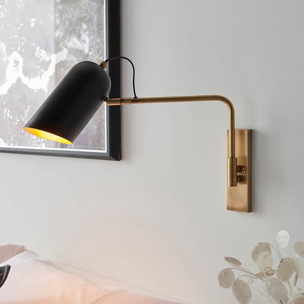 Newkirk Matt Black Shade Metal Wall Light In Antique Brass