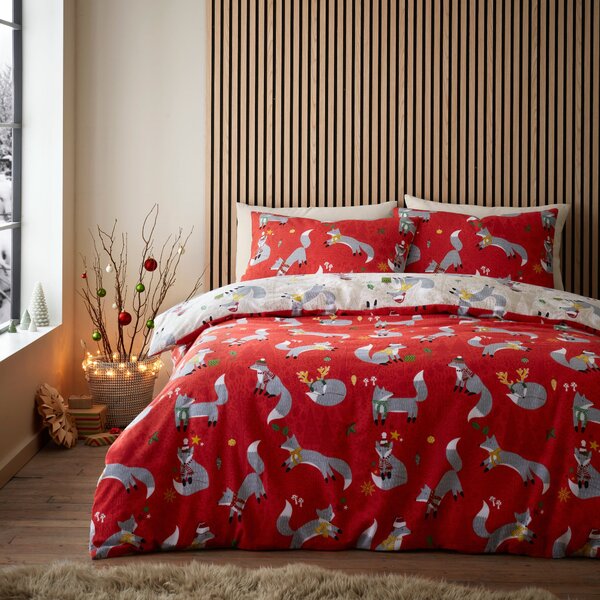 Christmas Foraging Fox Duvet Cover Bedding Set Red