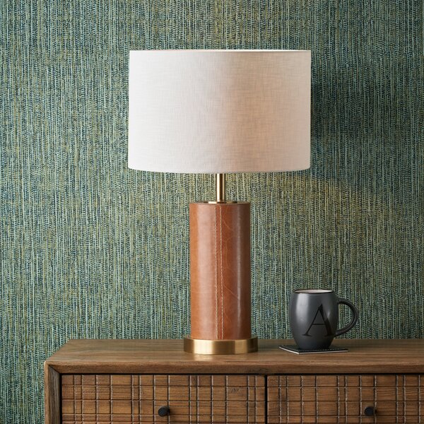 Laurence Tan Leather and Brass Cylindrical Table Lamp Tan