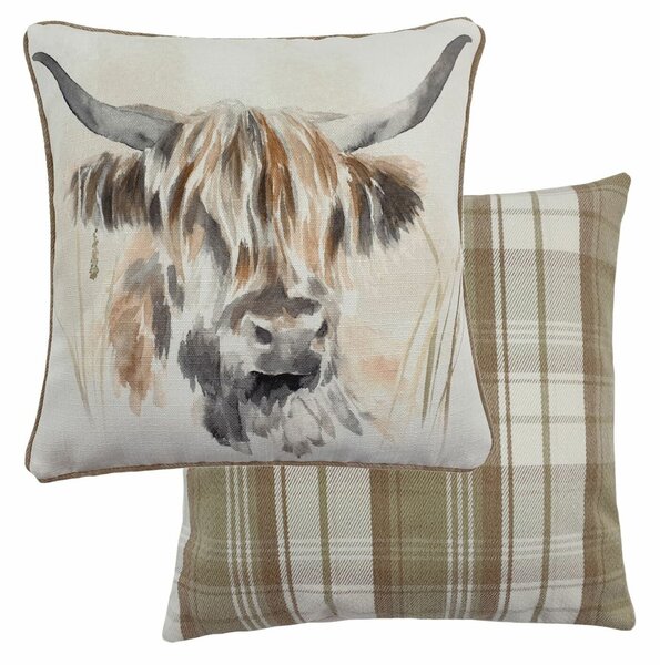 Watercolour Highland Cow Cushion Brown/White