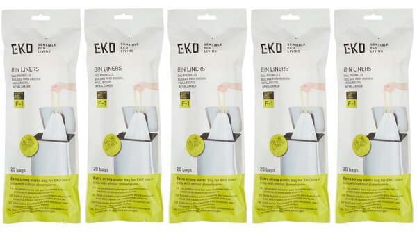 EKO Size F Dual Compartment Bin Bags 18-28L, 5 x Rolls of 20 Bags White