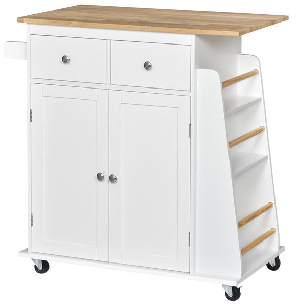 HOMCOM Kitchen Island Storage Cabinet Rolling Trolley with Rubber Wood Top, 3-Tier Spice Rack, Large Cabinet & Drawers