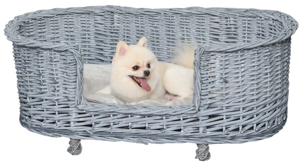 PawHut Wicker Dog Bed Basket Pet Sofa Cat Lounge Furniture with Elevated Base Soft Padded Cushion Grey 92cm X 52cm X 38cm