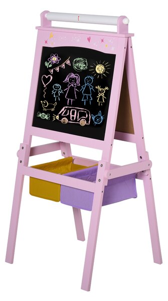 HOMCOM 3 In 1 Kids Wooden Art Easel with Paper Roll Double-Sided Chalkboard & Whiteboard with Storage Baskets Gift for Toddler Girl Age 3 Years+ Pink