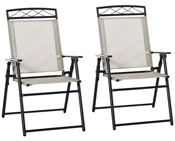 Outsunny Outdoor Folding Chairs Set of 2 Foldable Design with Texteline Fabric Metal Frame for Garden Balcony Poolside Beige and Black