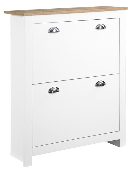 HOMCOM Compact 2 Drawer Shoe Storage Cabinet, Modern Hallway Organiser, Wooden, with Flip Doors & Adjustable Shelf, Holds 12 Pairs, White