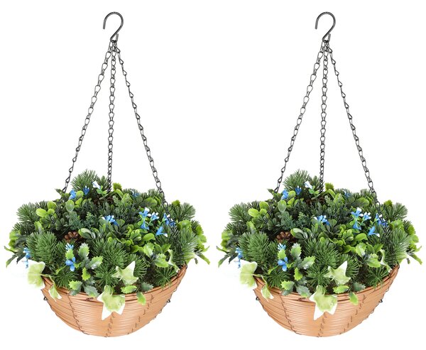 HOMCOM Artificial Flowers in Basket Set of 2, Artificial Hanging Baskets with PE Leaves, 18 Flowers and 3 Pinecones in Pot, Decorative Faux Plant for Home Office Decor, Green