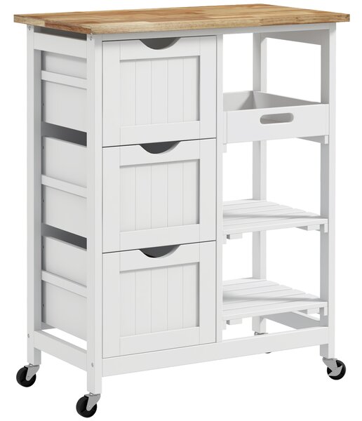 HOMCOM Rolling Kitchen Island Cart, Bar Serving Cart, Compact Trolley on Wheels with Wood Top, Shelves & Drawers for Home Dining, White Aosom UK