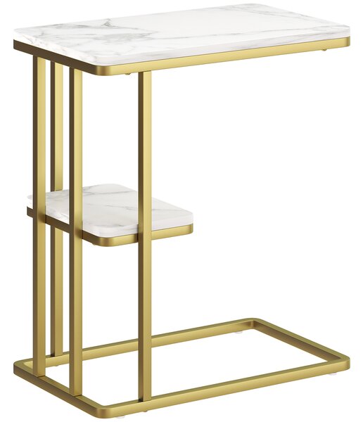 HOMCOM C-Shaped Narrow Side Table, 2-Tier Slim End Table, Nightstand for Small Spaces, Living Room, Bedroom, White Marble Grain