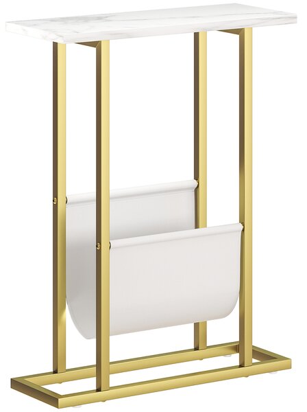 HOMCOM Narrow Side Table, End Table with Magazine Holder, Nightstand for Small Spaces, Living Room, Bedroom, White Marble Grain