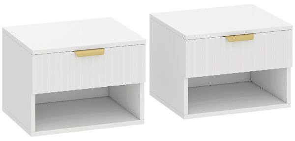 HOMCOM Floating Nightstands Set of 2, Modern Wall Mounted Bedside Tables with Fluted Drawer and Open Shelf for Bedroom, White