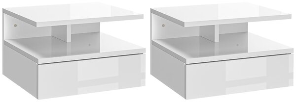 HOMCOM Set of Two Floating High Gloss Bedside Tables - White Aosom UK