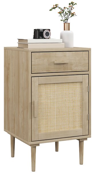 HOMCOM Bedside Table, Rattan Side Tables w/ Drawer, Cabinet & Adjustable Shelf, Boho Bedside Cabinet w/ Storage for Bedroom, Living Room, Aosom UK