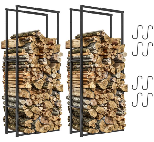 Outsunny Firewood Log Rack Set of 2, Retractable Metal Wood Store Holder, Indoor Outdoor Fireplace Log Storage Shelf with Hooks, 65 x 25 x 150 cm, Black