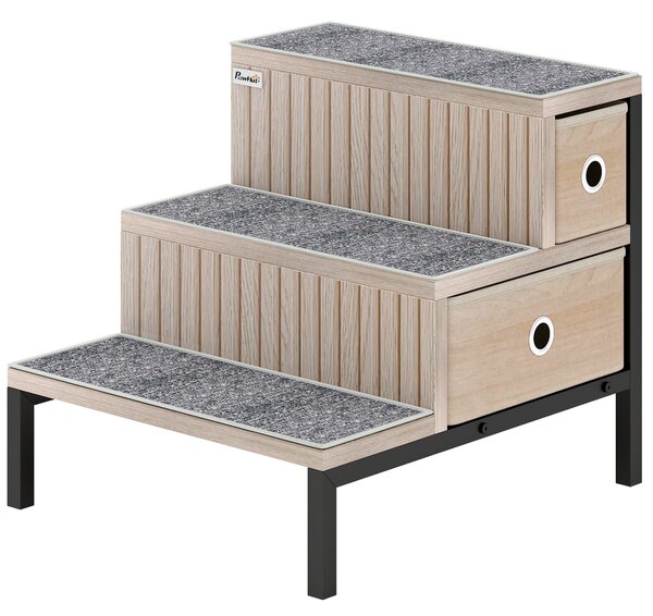 PawHut Dog Stairs with Storage, Non-Slip Cover, Pet Steps for Small Dogs & Older Cats, for Sofa, High Bed, Oak Tone