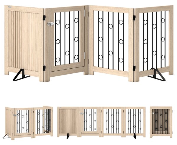 PawHut 4 Panel Freestanding Pet Gate, Indoor Dog Barrier with Lockable Door, Support Feet, 360° Flexible Hinges, Oak
