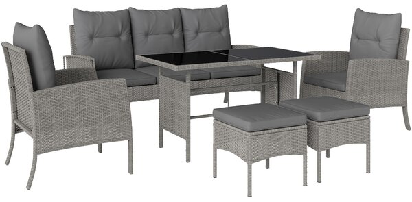 Outsunny 5 Seater Rattan Garden Furniture Set, 2 Armchairs, 3-Seater Wicker Sofa, 2 Footstools and Glass Table for Conservatory, Grey