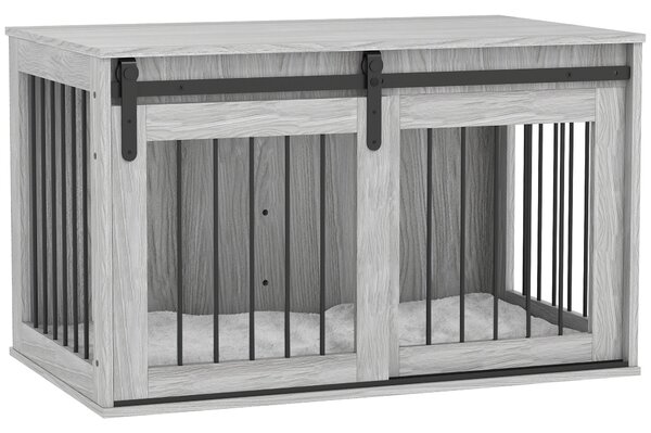 PawHut 100cm Dog Crate Furniture with Removable Cushion for Large Dogs - Grey Aosom UK