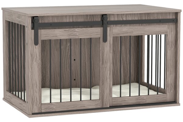 Pawhut Dog Cage with Removable Cushion Dog Crate Furniture Particle Board & Steel Heavy Duty Wooden Dog Crate for Large Dogs 98cm, Brown Aosom UK