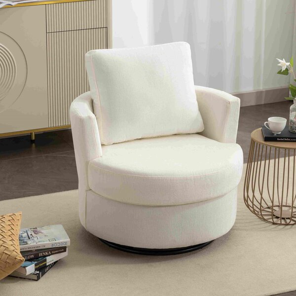 Chenille Swivel Recliner with Back Cushion and Thick Foam Padding, Upholstered Round Barrel Chair 360° Rotation, 83x78.5x86 cm, Ivory Aosom UK