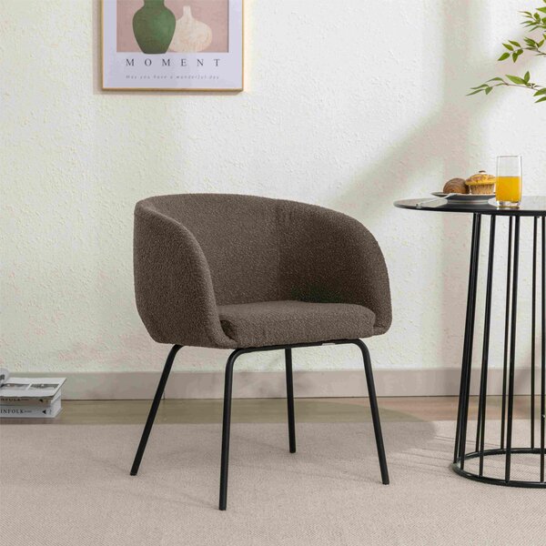 Boucle Fabric Armchair, Modern Accent Chair with Black Powder Coated Metal Legs, Dining Room Armchair Accent Chair, 58x58x78 cm, Brown Aosom UK