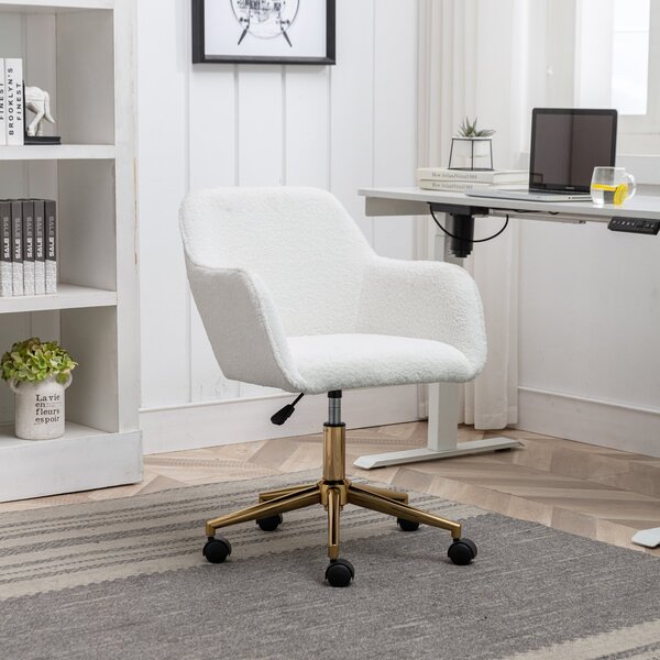 Adjustable Height Swivel Executive Office Chair with Gold Legs, Ergonomic Backrest, Height Adjustable Stool, 58x58x86 cm, White Teddy Aosom UK