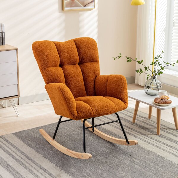 Mid Century Modern Tufted Upholstered Garden Rocking Chair with Padded Seat, Teddy Fabric Rocker Chair, 80x70x95 cm, Caramel Aosom UK